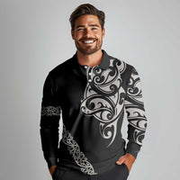 All Black Maori Tribal Tattoo Personalised Long Sleeve Polo Shirt Stone Gray Polynesian Style - Polynesian Pride