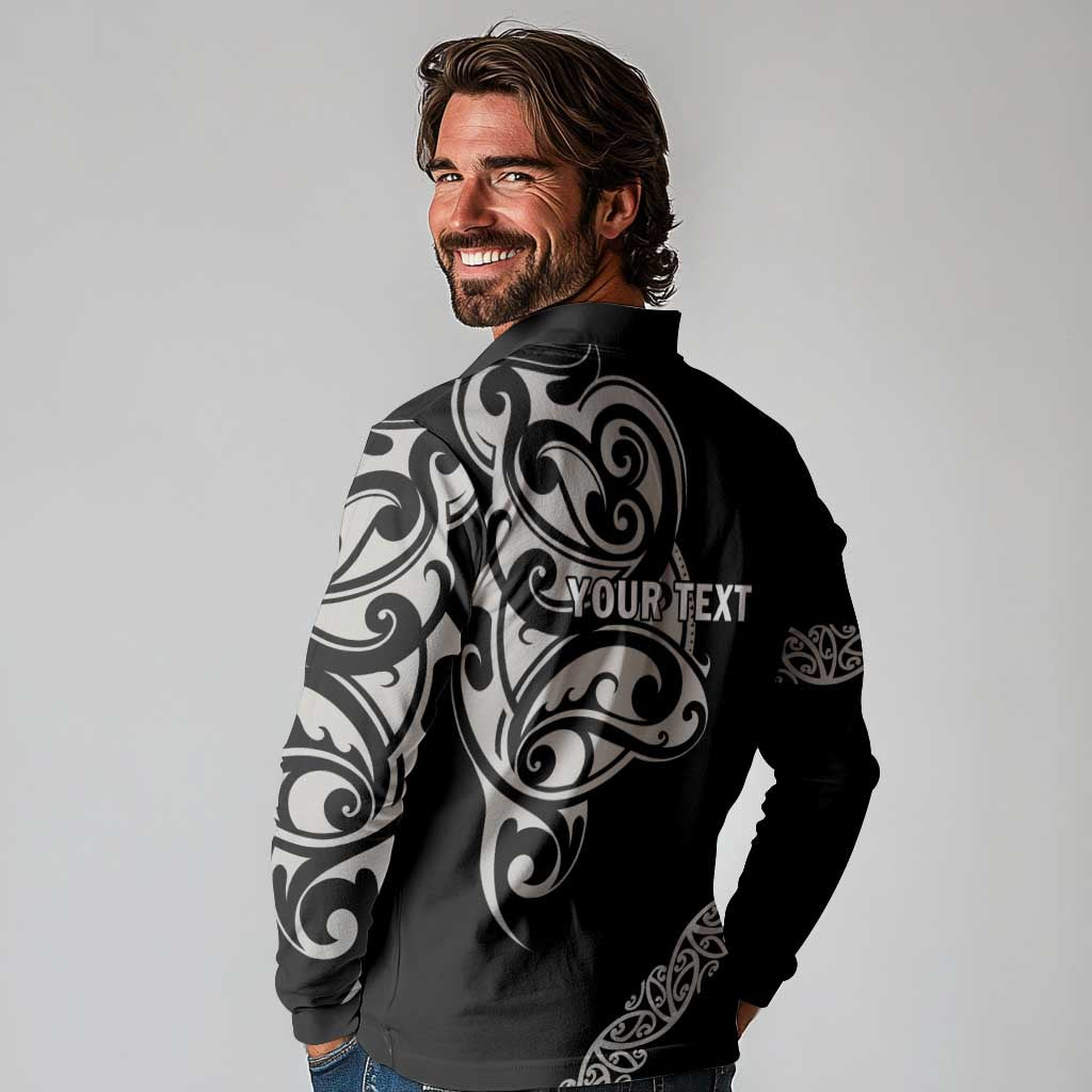 All Black Maori Tribal Tattoo Personalised Long Sleeve Polo Shirt Stone Gray Polynesian Style - Polynesian Pride