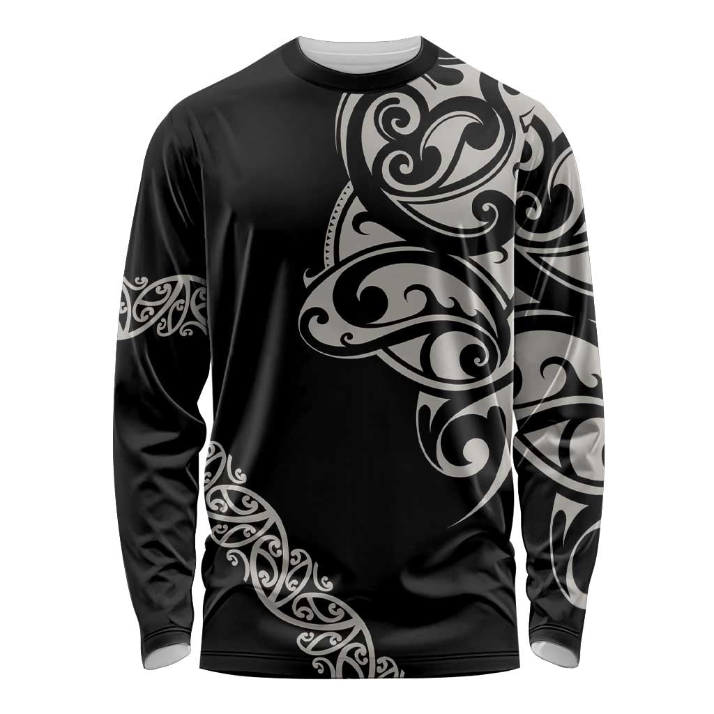 All Black Maori Tribal Tattoo Personalised Long Sleeve Shirt Stone Gray Polynesian Style - Polynesian Pride