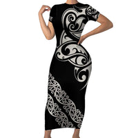 All Black Maori Tribal Tattoo Personalised Short Sleeve Bodycon Dress Stone Gray Polynesian Style - Polynesian Pride