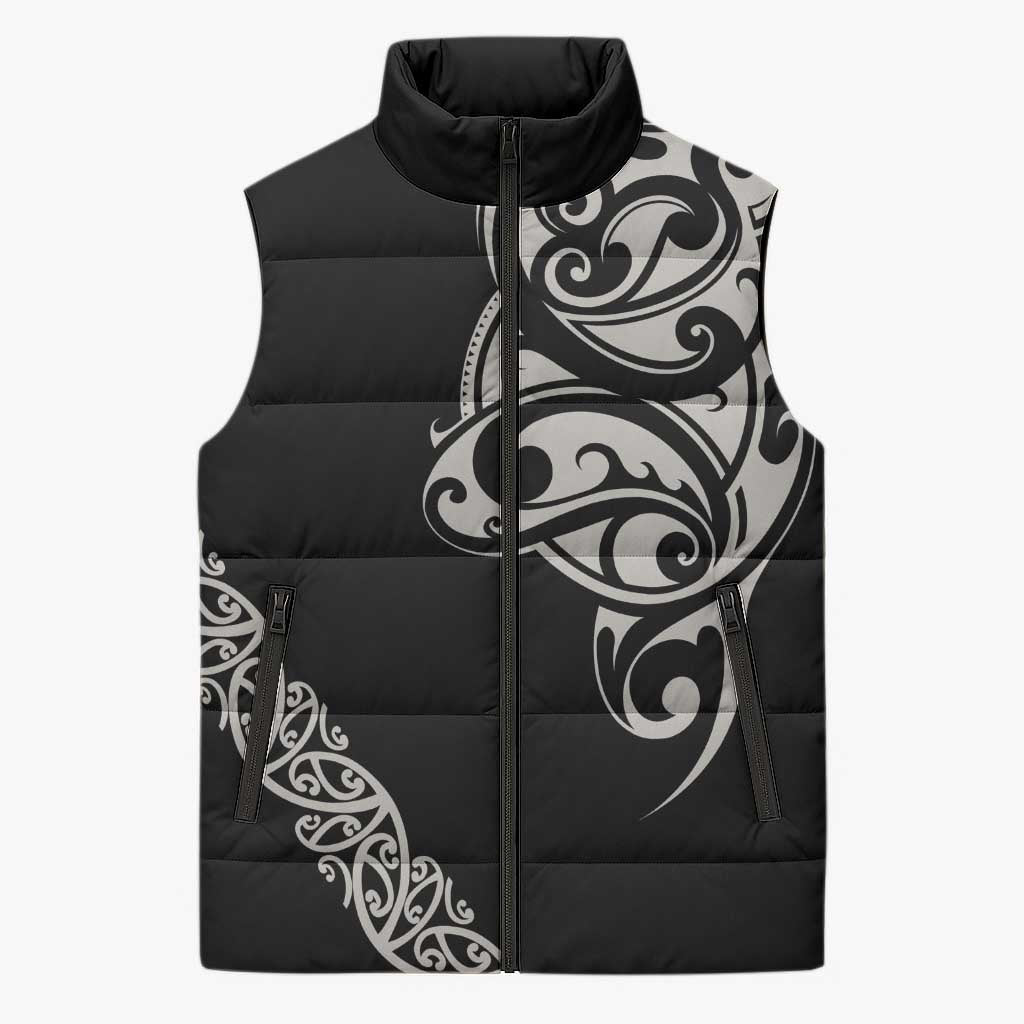 All Black Maori Tribal Tattoo Personalised Sleeveless Puffer Jacket Stone Gray Polynesian Style - Polynesian Pride