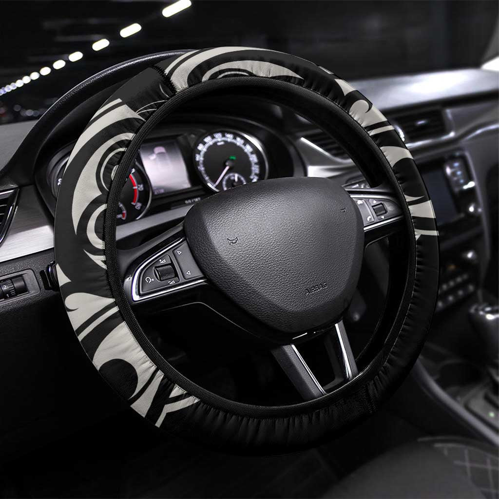 All Black Maori Tribal Tattoo Steering Wheel Cover Stone Gray Polynesian Style - Polynesian Pride