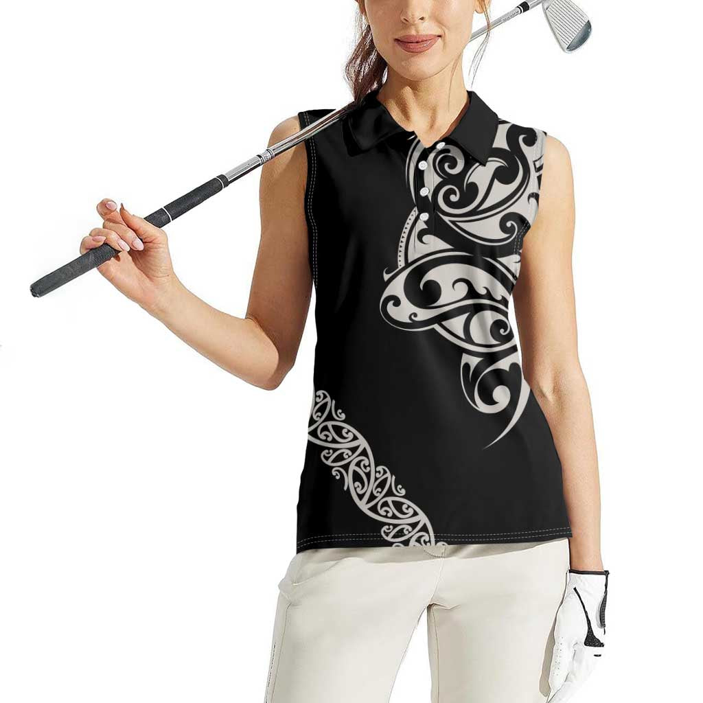 All Black Maori Tribal Tattoo Personalised Women Sleeveless Polo Shirt Stone Gray Polynesian Style - Polynesian Pride