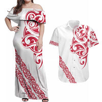 All White Maori Tribal Tattoo Personalised Couples Matching Off Shoulder Maxi Dress and Hawaiian Shirt Classic Red Polynesian Style - Polynesian Pride