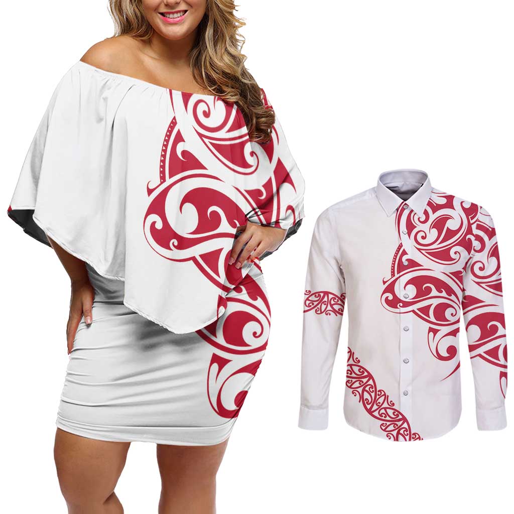 All White Maori Tribal Tattoo Personalised Couples Matching Off Shoulder Short Dress and Long Sleeve Button Shirt Classic Red Polynesian Style - Polynesian Pride