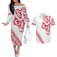 All White Maori Tribal Tattoo Personalised Couples Matching Off The Shoulder Long Sleeve Dress and Hawaiian Shirt Classic Red Polynesian Style - Polynesian Pride