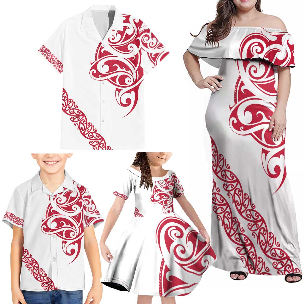 All White Maori Tribal Tattoo Personalised Family Matching Off Shoulder Maxi Dress and Hawaiian Shirt Classic Red Polynesian Style - Polynesian Pride