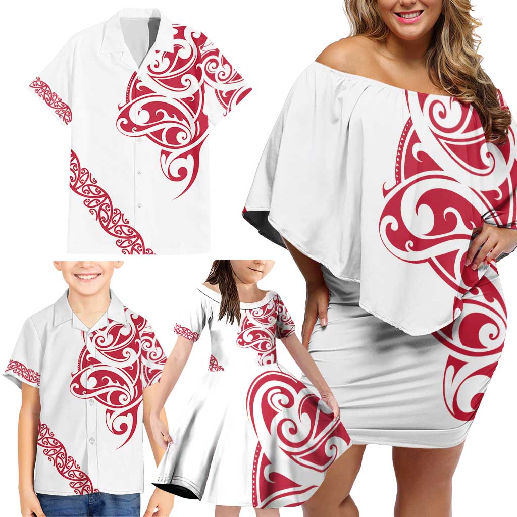 All White Maori Tribal Tattoo Personalised Family Matching Off Shoulder Short Dress and Hawaiian Shirt Classic Red Polynesian Style - Polynesian Pride
