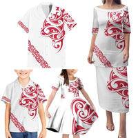 All White Maori Tribal Tattoo Personalised Family Matching Puletasi and Hawaiian Shirt Classic Red Polynesian Style - Polynesian Pride