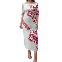 All White Maori Tribal Tattoo Personalised Puletasi Classic Red Polynesian Style - Polynesian Pride