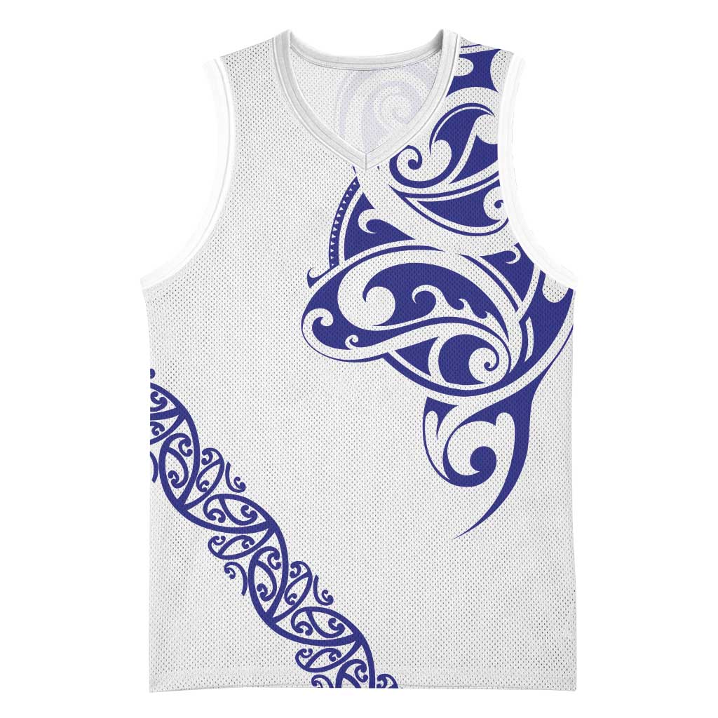 All White Maori Tribal Tattoo Personalised Basketball Jersey Dark Blue Polynesian Style - Polynesian Pride