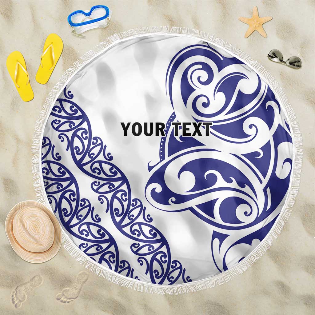 All White Maori Tribal Tattoo Personalised Beach Blanket Dark Blue Polynesian Style - Polynesian Pride