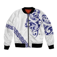 All White Maori Tribal Tattoo Personalised Bomber Jacket Dark Blue Polynesian Style - Polynesian Pride