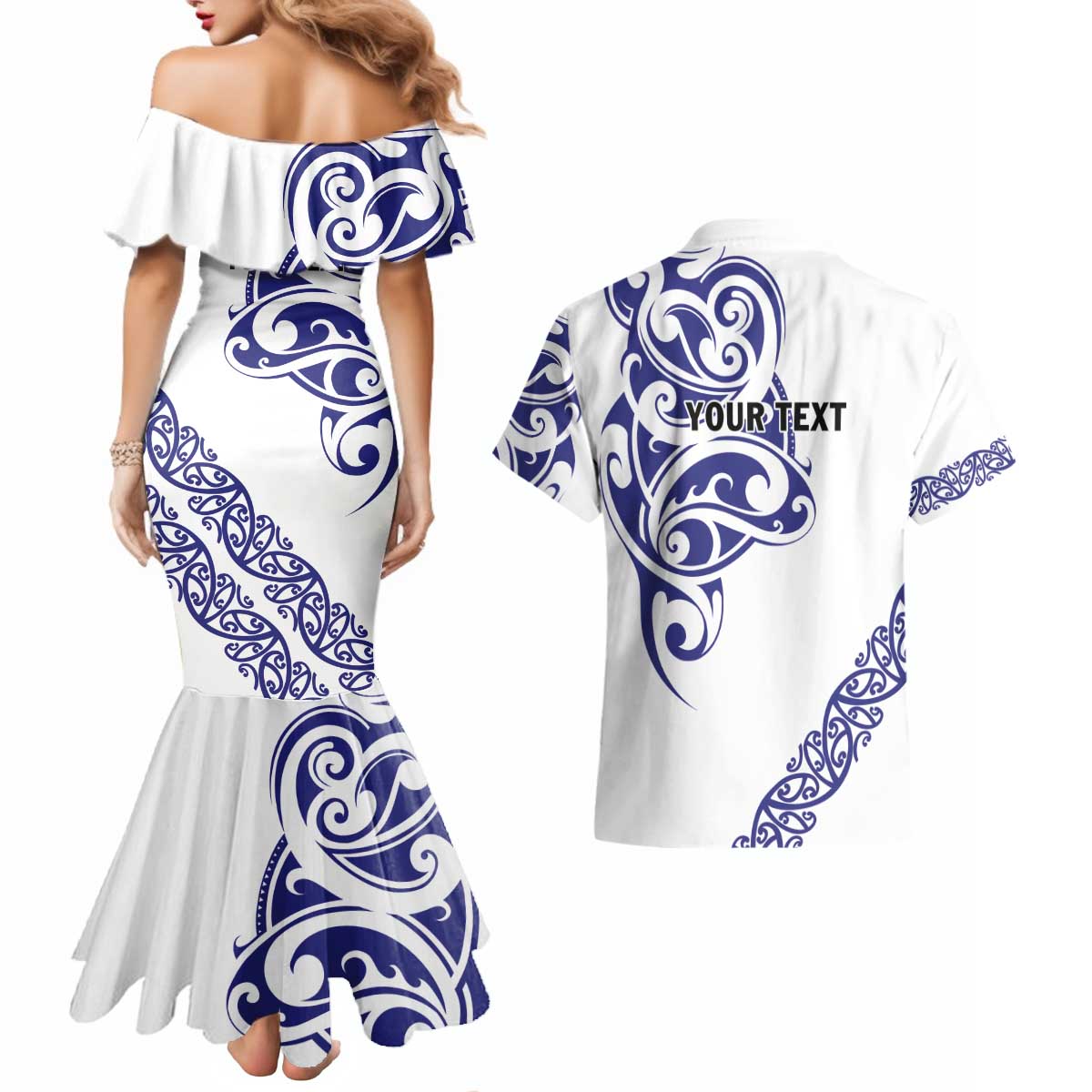 All White Maori Tribal Tattoo Personalised Couples Matching Mermaid Dress and Hawaiian Shirt Dark Blue Polynesian Style - Polynesian Pride