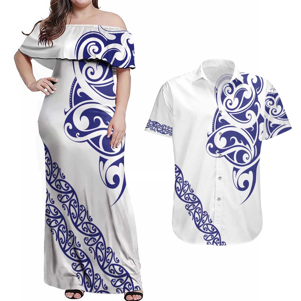 All White Maori Tribal Tattoo Personalised Couples Matching Off Shoulder Maxi Dress and Hawaiian Shirt Dark Blue Polynesian Style - Polynesian Pride