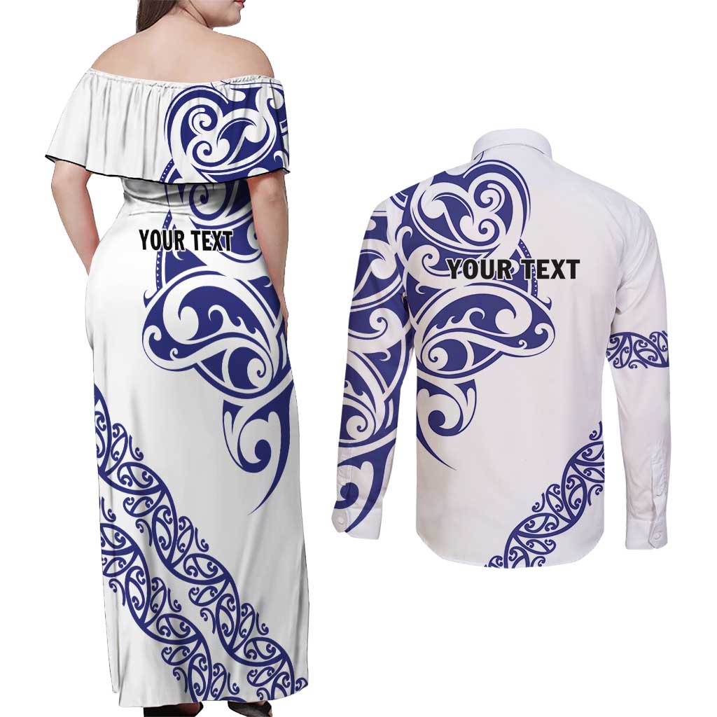 All White Maori Tribal Tattoo Personalised Couples Matching Off Shoulder Maxi Dress and Long Sleeve Button Shirt Dark Blue Polynesian Style - Polynesian Pride