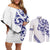 All White Maori Tribal Tattoo Personalised Couples Matching Off Shoulder Short Dress and Long Sleeve Button Shirt Dark Blue Polynesian Style - Polynesian Pride