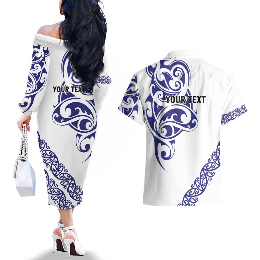 All White Maori Tribal Tattoo Personalised Couples Matching Off The Shoulder Long Sleeve Dress and Hawaiian Shirt Dark Blue Polynesian Style - Polynesian Pride
