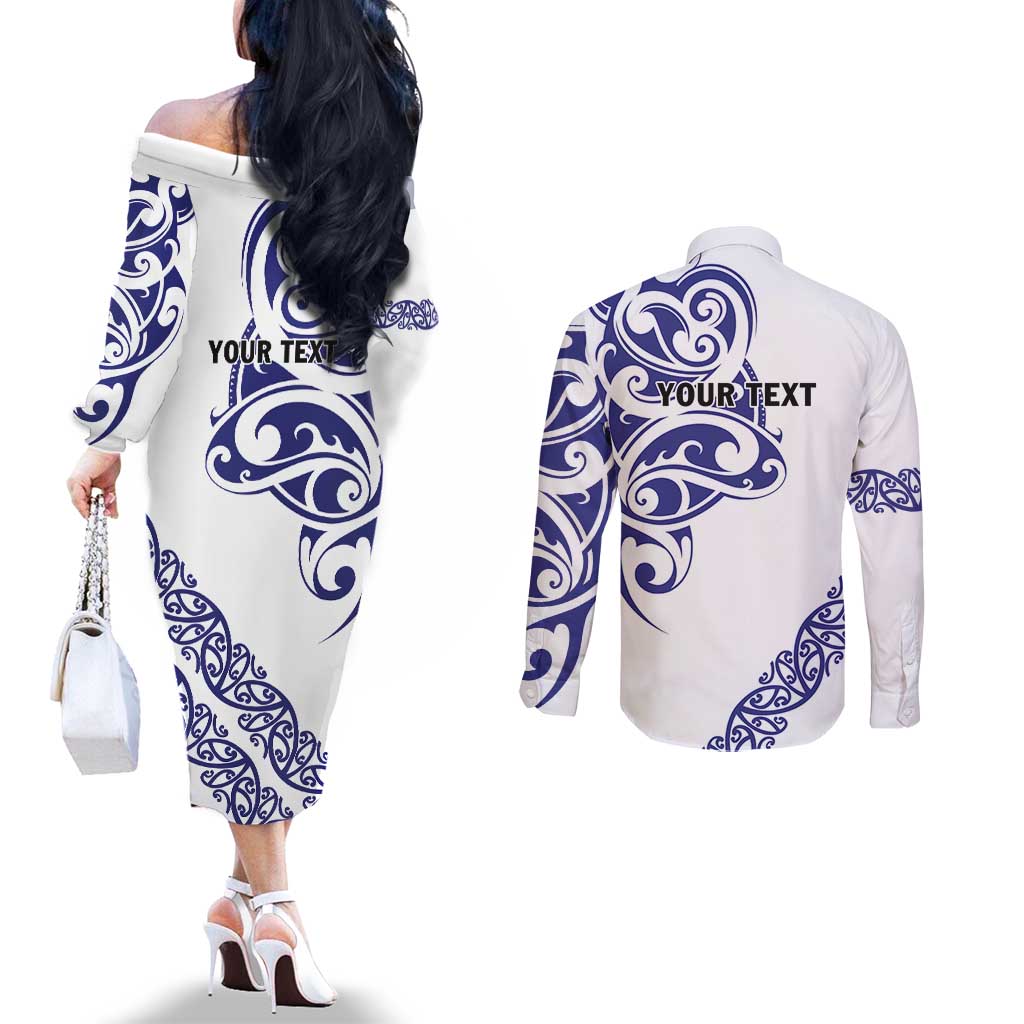 All White Maori Tribal Tattoo Personalised Couples Matching Off The Shoulder Long Sleeve Dress and Long Sleeve Button Shirt Dark Blue Polynesian Style - Polynesian Pride