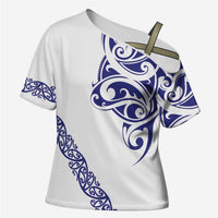 All White Maori Tribal Tattoo Personalised Cross Shoulder Shirt Dark Blue Polynesian Style - Polynesian Pride