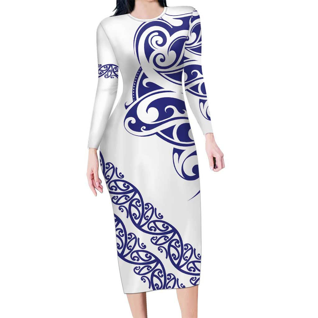 All White Maori Tribal Tattoo Personalised Family Matching Long Sleeve Bodycon Dress and Hawaiian Shirt Dark Blue Polynesian Style - Polynesian Pride