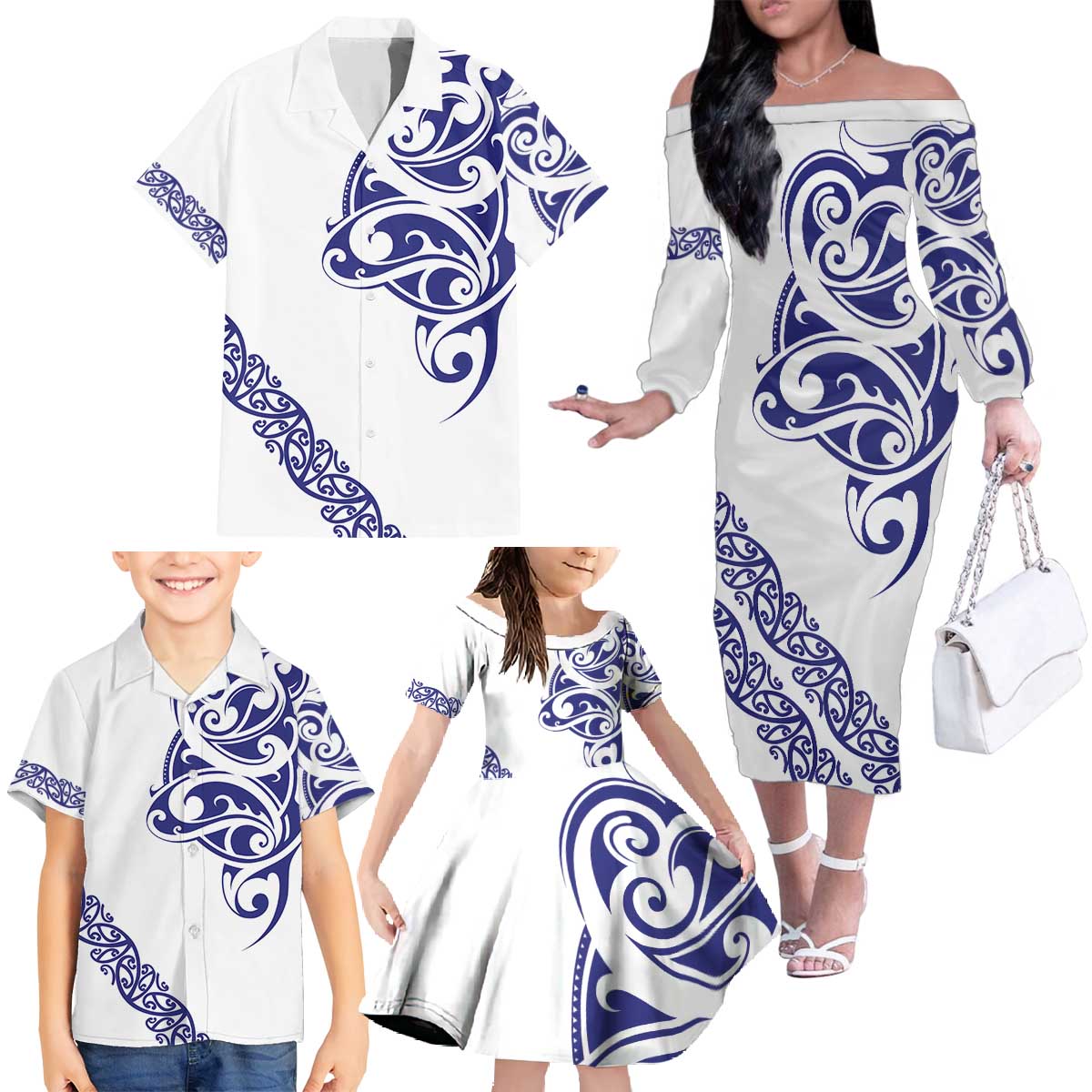 All White Maori Tribal Tattoo Personalised Family Matching Off The Shoulder Long Sleeve Dress and Hawaiian Shirt Dark Blue Polynesian Style - Polynesian Pride