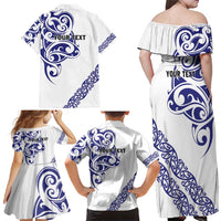 All White Maori Tribal Tattoo Personalised Family Matching Off Shoulder Maxi Dress and Hawaiian Shirt Dark Blue Polynesian Style - Polynesian Pride