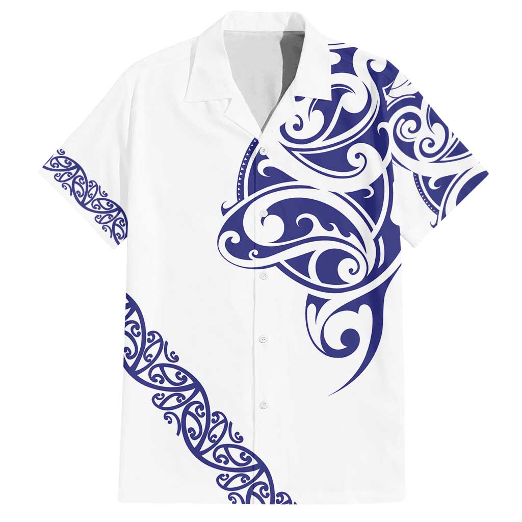 All White Maori Tribal Tattoo Personalised Family Matching Off Shoulder Short Dress and Hawaiian Shirt Dark Blue Polynesian Style - Polynesian Pride