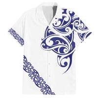 All White Maori Tribal Tattoo Personalised Family Matching Off Shoulder Short Dress and Hawaiian Shirt Dark Blue Polynesian Style - Polynesian Pride