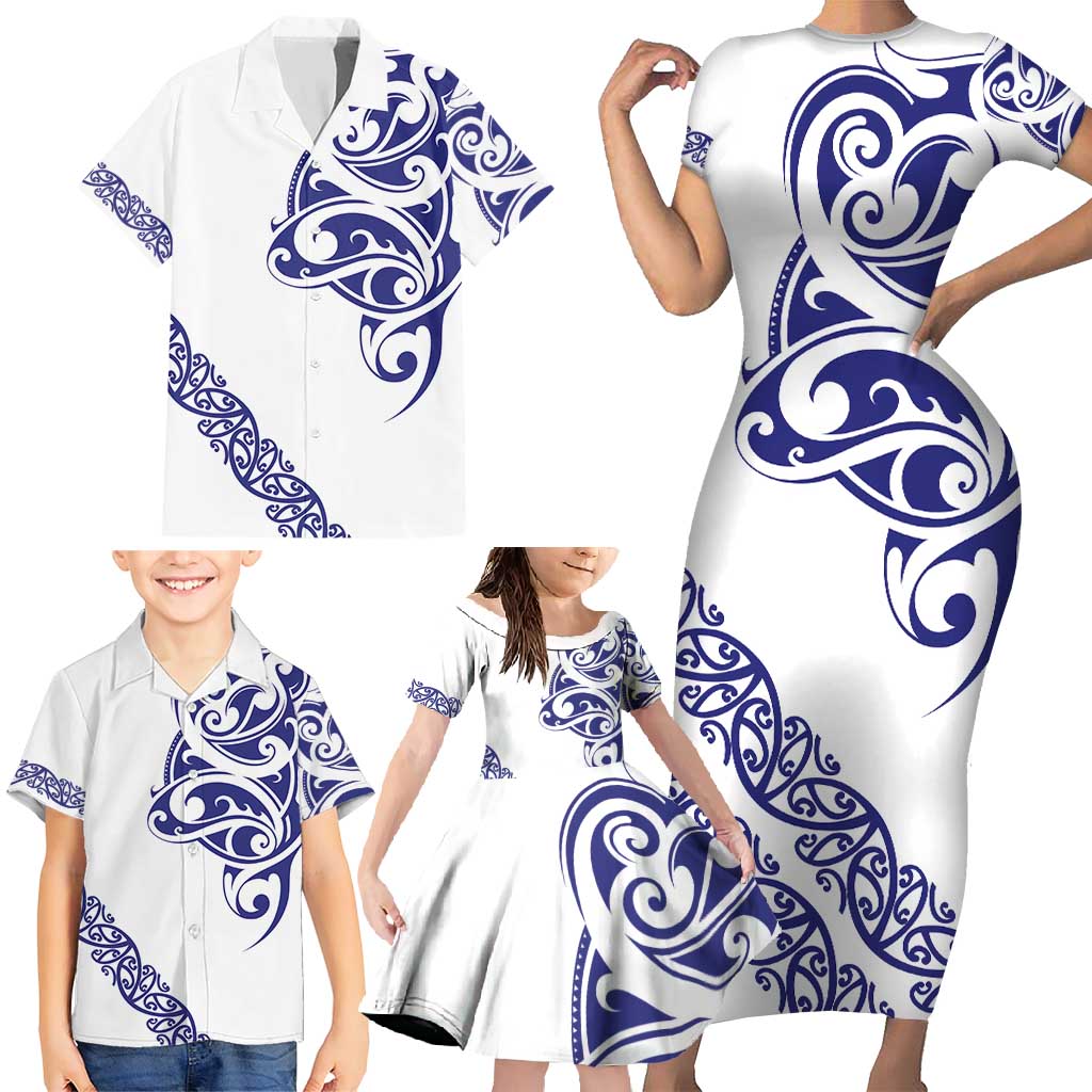 All White Maori Tribal Tattoo Personalised Family Matching Short Sleeve Bodycon Dress and Hawaiian Shirt Dark Blue Polynesian Style - Polynesian Pride