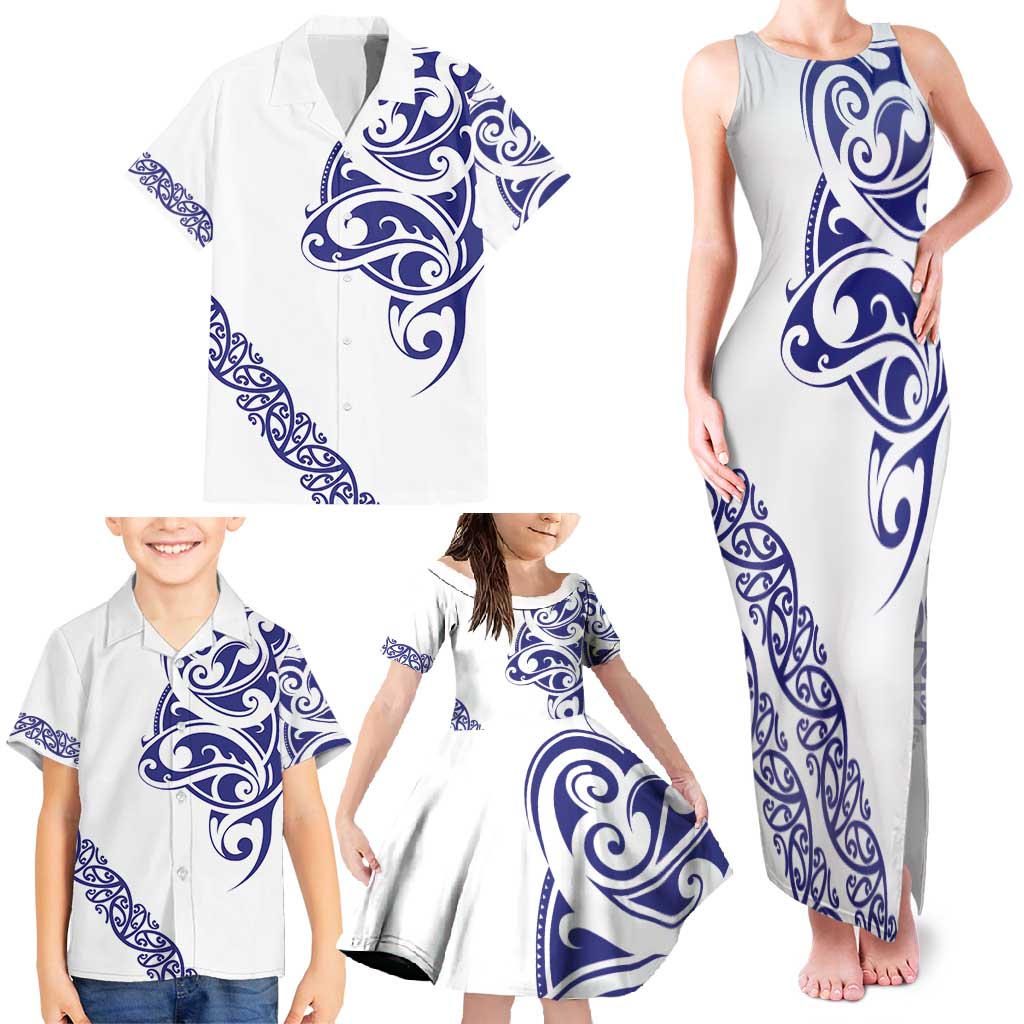 All White Maori Tribal Tattoo Personalised Family Matching Tank Maxi Dress and Hawaiian Shirt Dark Blue Polynesian Style - Polynesian Pride