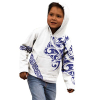 All White Maori Tribal Tattoo Personalised Kid Hoodie Dark Blue Polynesian Style - Polynesian Pride