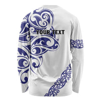 All White Maori Tribal Tattoo Personalised Long Sleeve Shirt Dark Blue Polynesian Style - Polynesian Pride