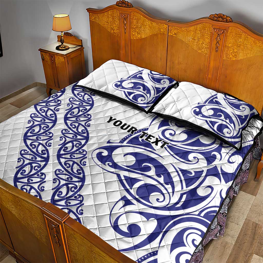 All White Maori Tribal Tattoo Personalised Quilt Bed Set Dark Blue Polynesian Style - Polynesian Pride