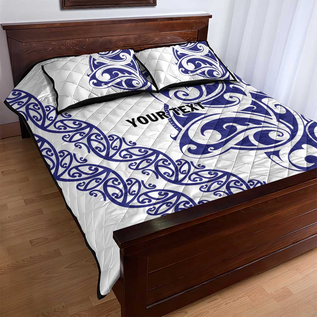 All White Maori Tribal Tattoo Personalised Quilt Bed Set Dark Blue Polynesian Style - Polynesian Pride