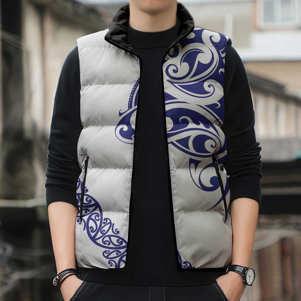 All White Maori Tribal Tattoo Personalised Sleeveless Puffer Jacket Dark Blue Polynesian Style - Polynesian Pride
