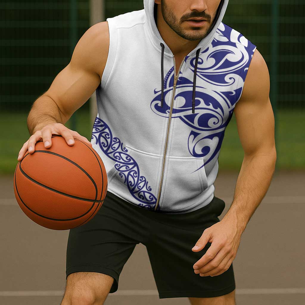 All White Maori Tribal Tattoo Personalised Sleeveless Zip Hoodie Dark Blue Polynesian Style - Polynesian Pride