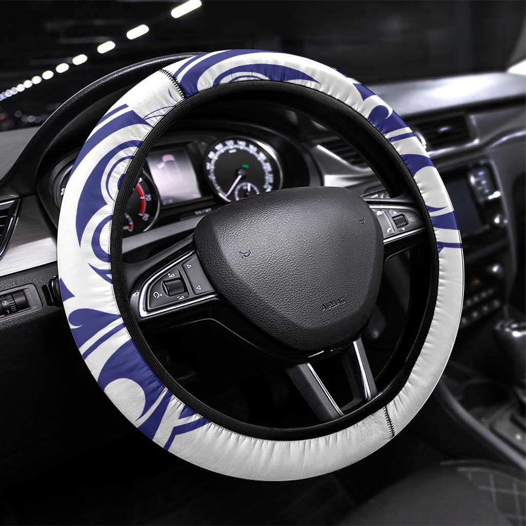 All White Maori Tribal Tattoo Steering Wheel Cover Dark Blue Polynesian Style LT9 Universal Fit Blue - Polynesian Pride
