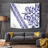 All White Maori Tribal Tattoo Personalised Tapestry Dark Blue Polynesian Style - Polynesian Pride