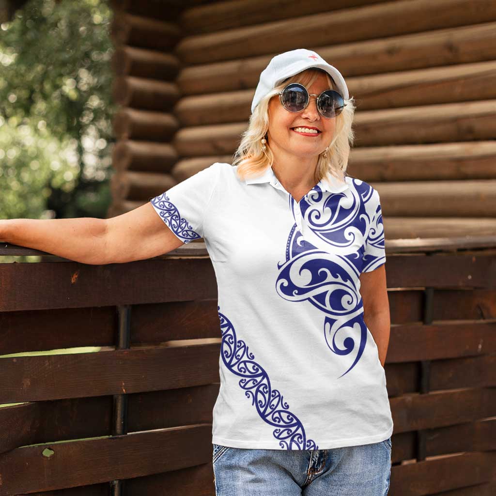 All White Maori Tribal Tattoo Personalised Women Polo Shirt Dark Blue Polynesian Style - Polynesian Pride