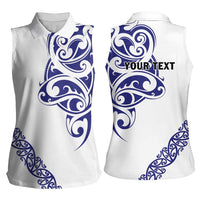 All White Maori Tribal Tattoo Personalised Women Sleeveless Polo Shirt Dark Blue Polynesian Style - Polynesian Pride
