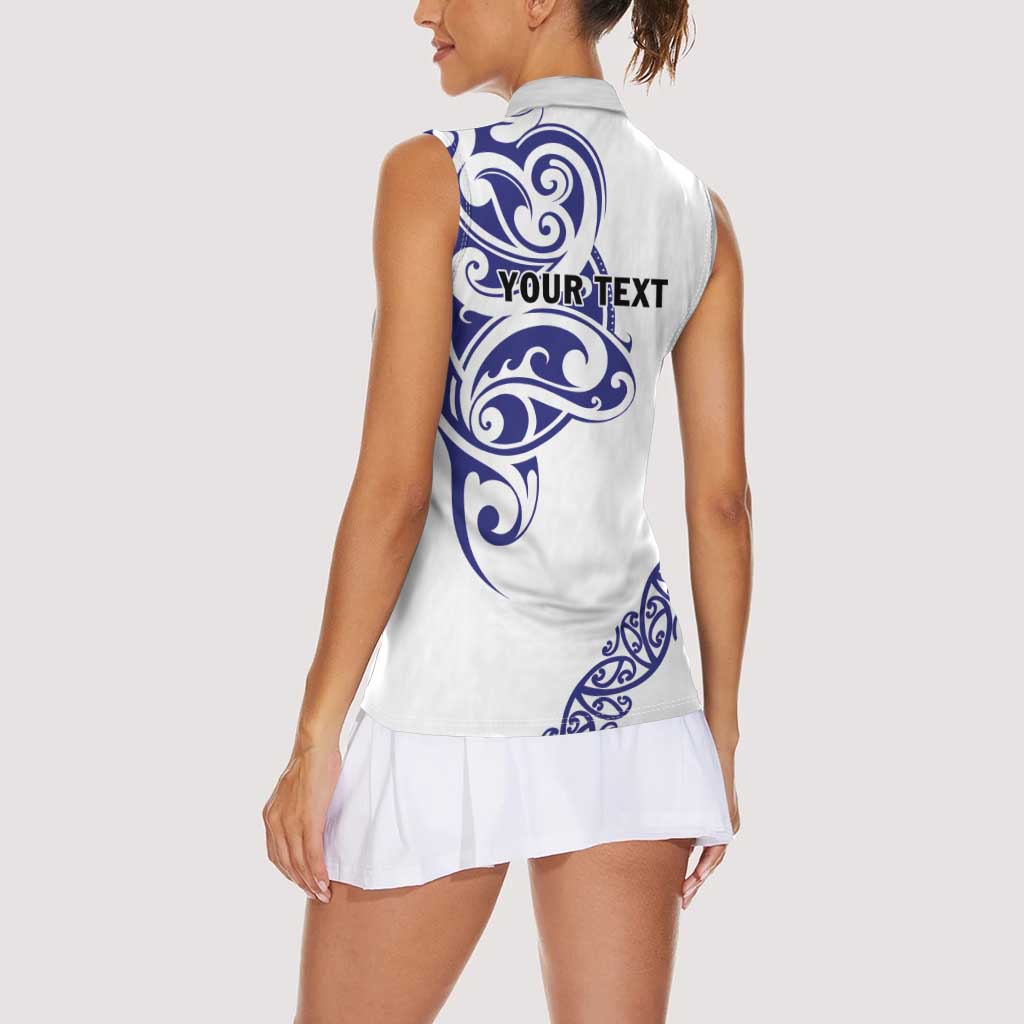 All White Maori Tribal Tattoo Personalised Women Sleeveless Polo Shirt Dark Blue Polynesian Style - Polynesian Pride