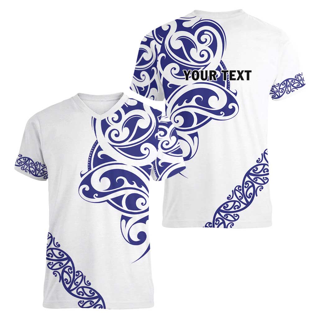 All White Maori Tribal Tattoo Personalised Women V-Neck T-Shirt Dark Blue Polynesian Style - Polynesian Pride