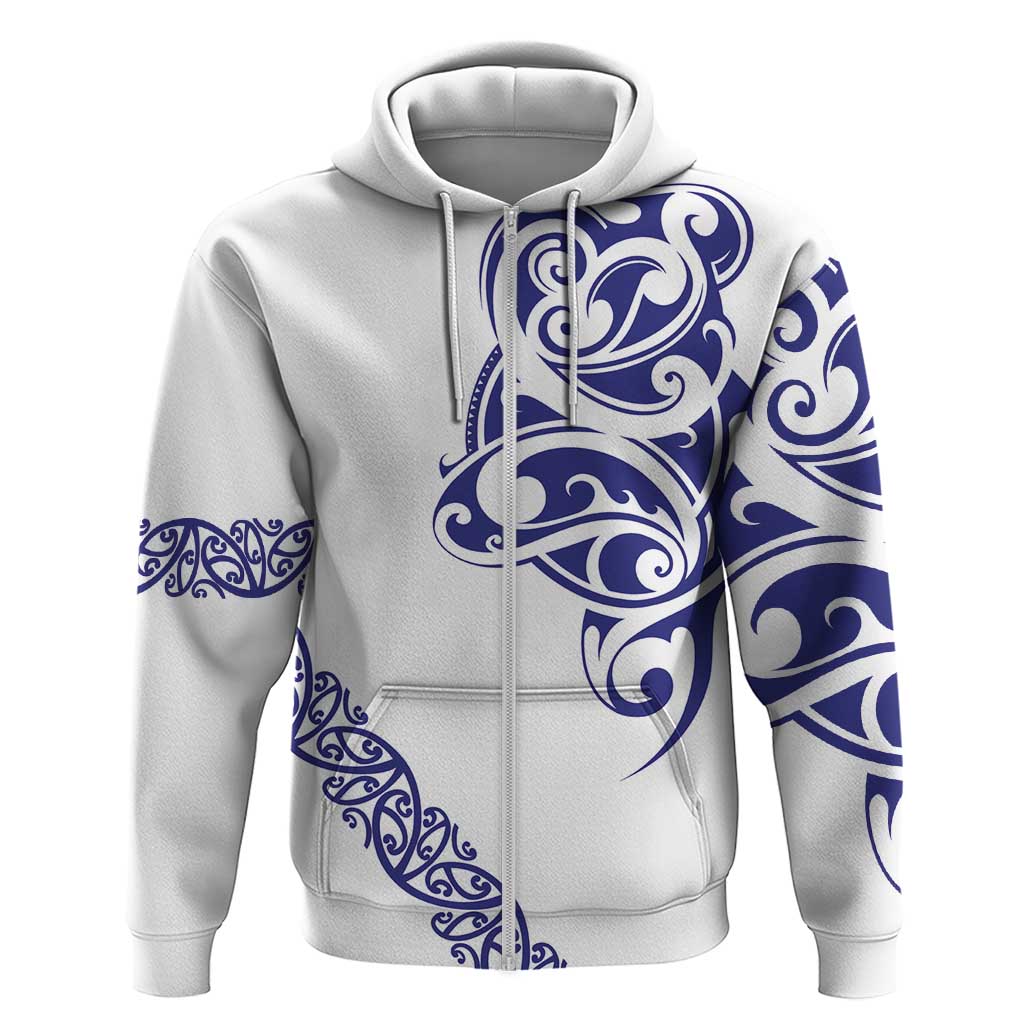 All White Maori Tribal Tattoo Personalised Zip Hoodie Dark Blue Polynesian Style - Polynesian Pride