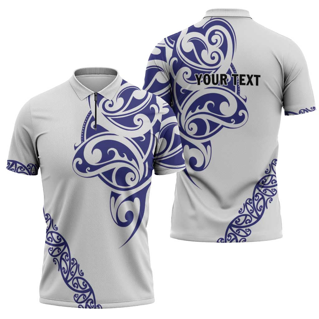 All White Maori Tribal Tattoo Personalised Zipper Polo Shirt Dark Blue Polynesian Style - Polynesian Pride