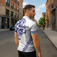 All White Maori Tribal Tattoo Personalised Zipper Polo Shirt Dark Blue Polynesian Style - Polynesian Pride