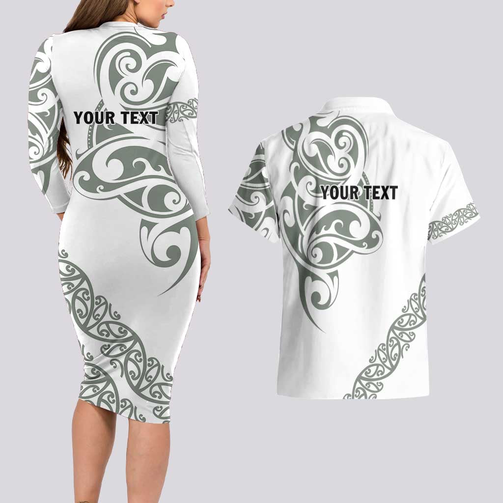 All White Maori Tribal Tattoo Personalised Couples Matching Long Sleeve Bodycon Dress and Hawaiian Shirt Moss Green Polynesian Style - Polynesian Pride
