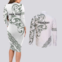 All White Maori Tribal Tattoo Personalised Couples Matching Long Sleeve Bodycon Dress and Long Sleeve Button Shirt Moss Green Polynesian Style - Polynesian Pride