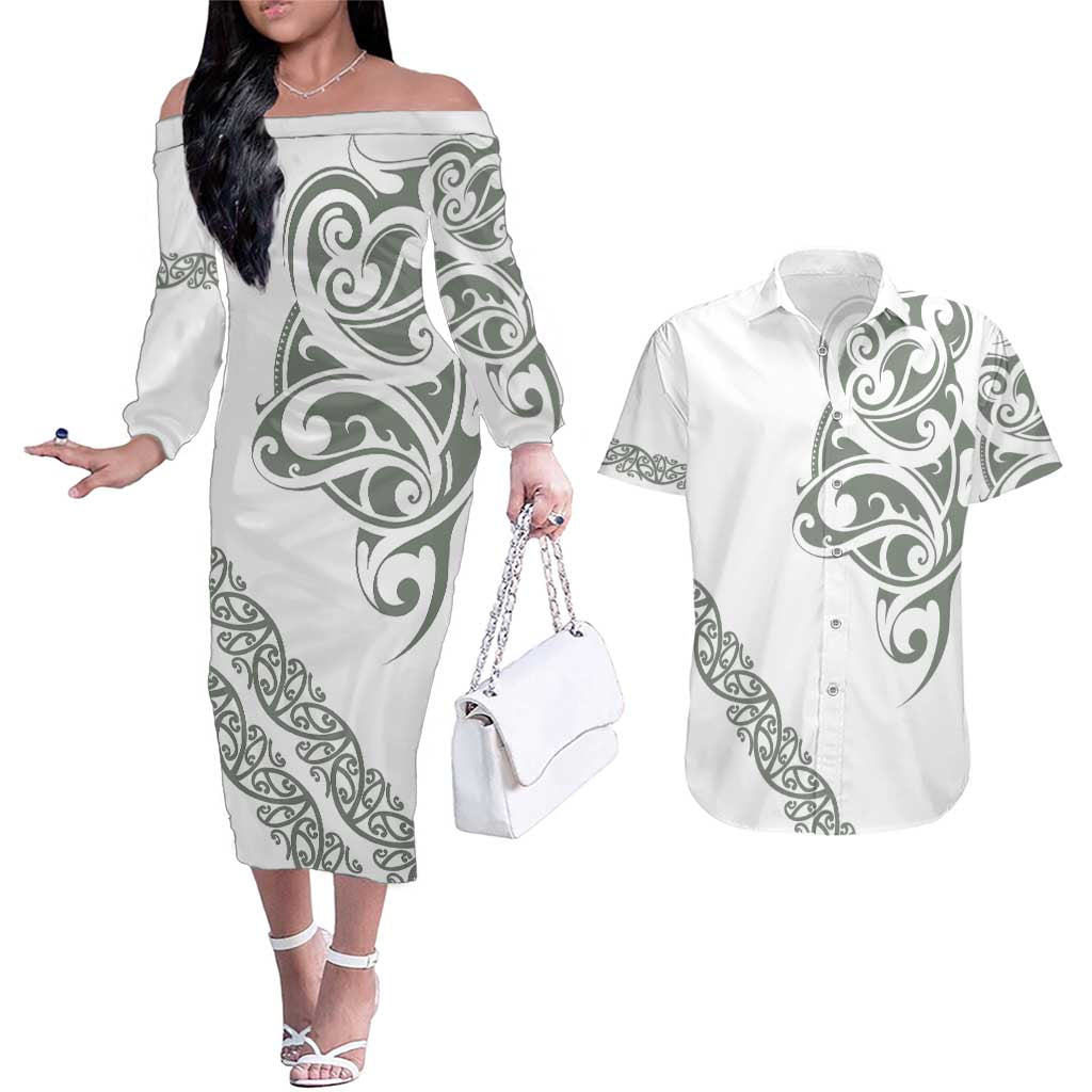 All White Maori Tribal Tattoo Personalised Couples Matching Off The Shoulder Long Sleeve Dress and Hawaiian Shirt Moss Green Polynesian Style - Polynesian Pride