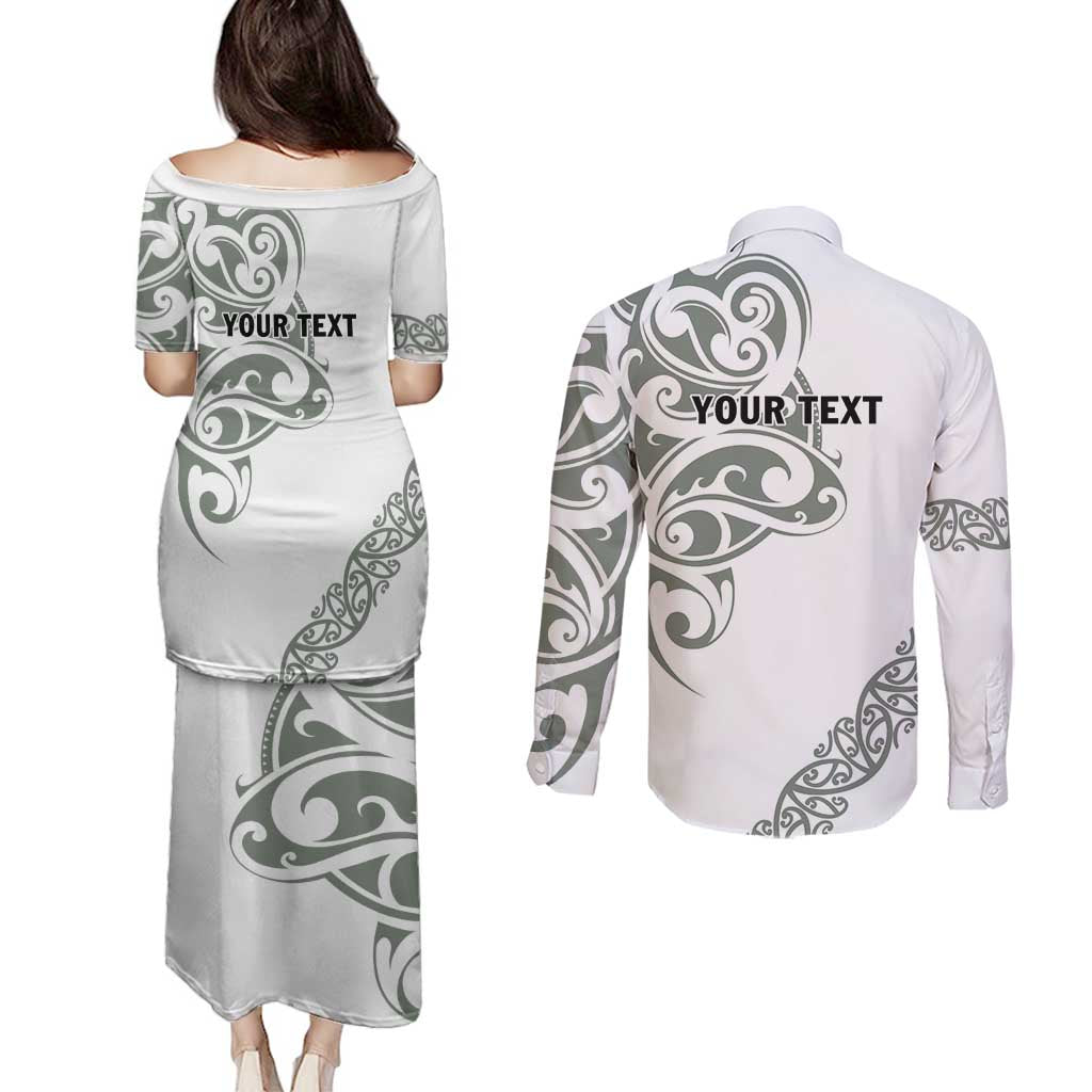 All White Maori Tribal Tattoo Personalised Couples Matching Puletasi and Long Sleeve Button Shirt Moss Green Polynesian Style - Polynesian Pride